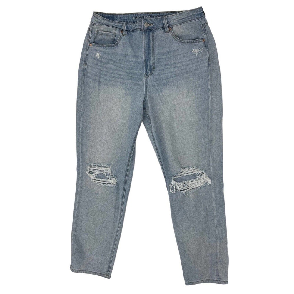 AE American Eagle Mom Jeans Womens Size 12 Distressed Destroyed Light Wash